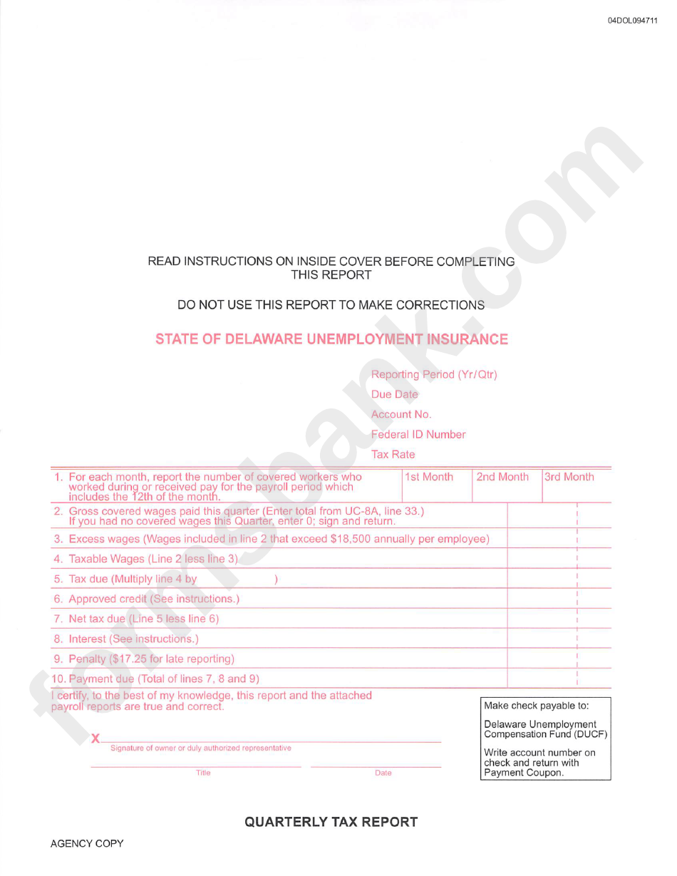 Quarterly Tax Report Form - State Of Delaware Unemployment Insurance