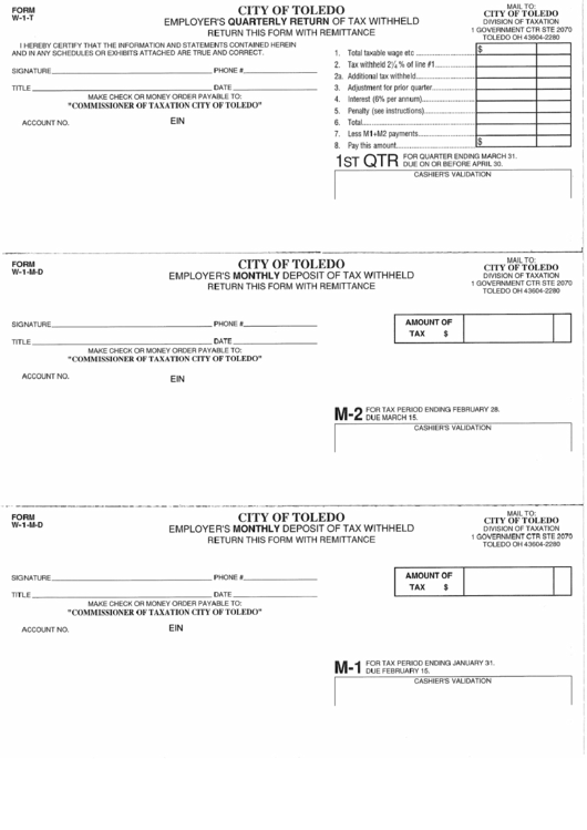 Fillable Form W-1-T - City Of Toledo Employer