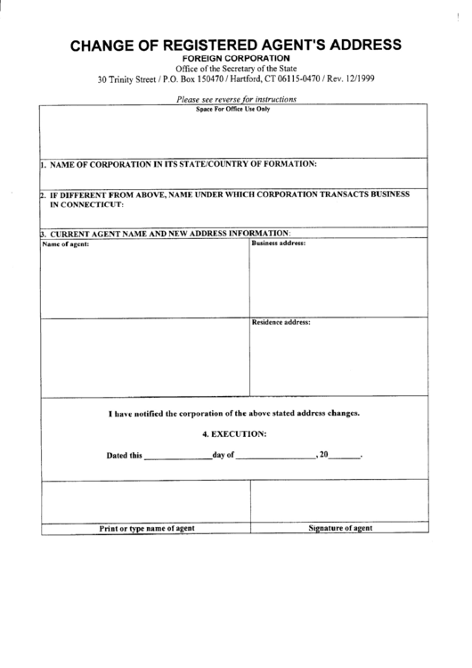 Change Of Registered Agent's Address Form - Foreign Corporation Office Of The Secretary Of The State