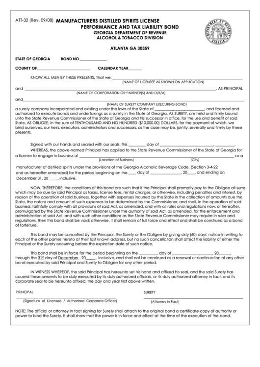 Fillable Form Att-32 - Manufacturers Distilled Spirits License Performance And Tax Liability Bond - 2008 Printable pdf