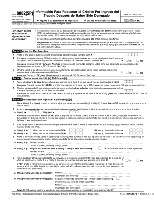 Fillable Form 8862(Sp) - Informacion Para Reclamar El Credito Por Ingreso Del Trabajo Despues De Haber Sido Denegado 2006 Printable pdf