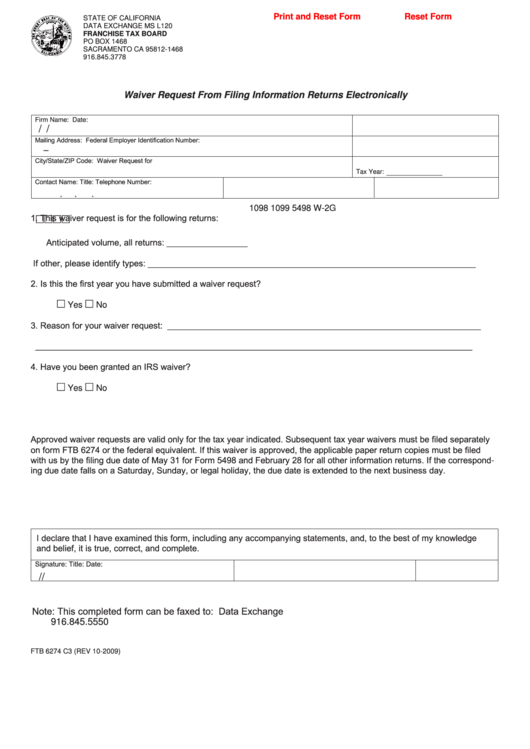 Fillable Form Ftb 6274 C3 - Waiver Request From Filing Information Returns Electronically Printable pdf