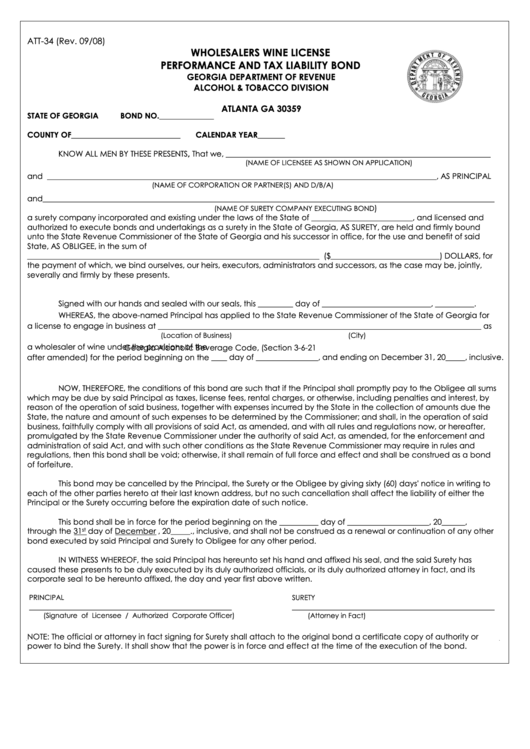 Fillable Form Att-34 - Wholesalers Wine License Performance And Tax Liability Bond - 2008 Printable pdf