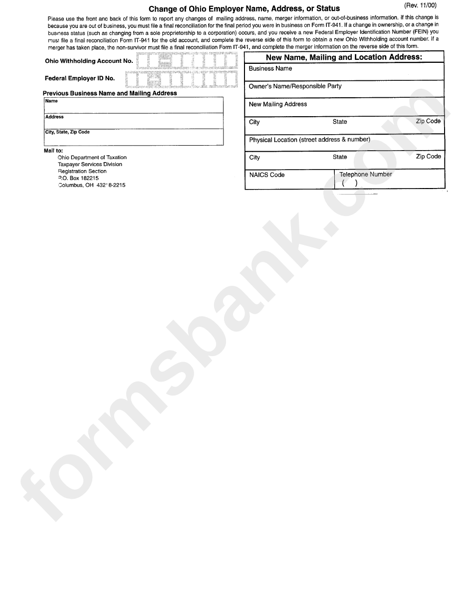 Change Of Ohio Employer Name, Adress, Of Status Form - 2000