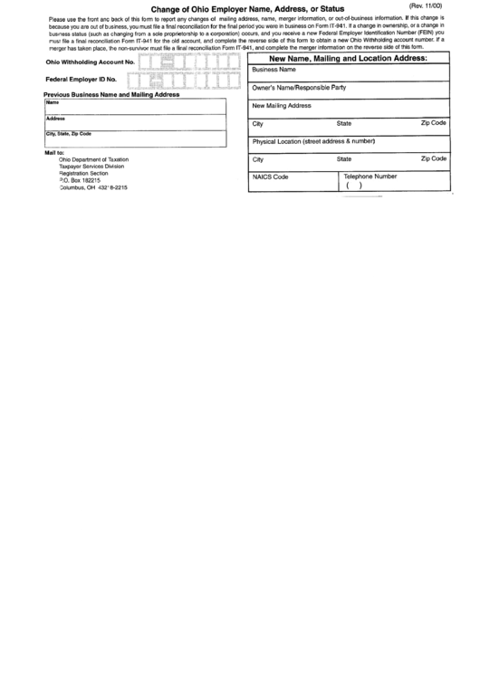 Change Of Ohio Employer Name, Adress, Of Status Form - 2000 Printable pdf