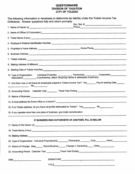 Questionnaire Form - Division Of Taxation City Of Toledo Printable pdf