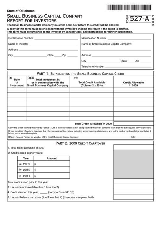 Fillable Form 527-A - Small Business Capital Company Report For Investors - 2009 Printable pdf