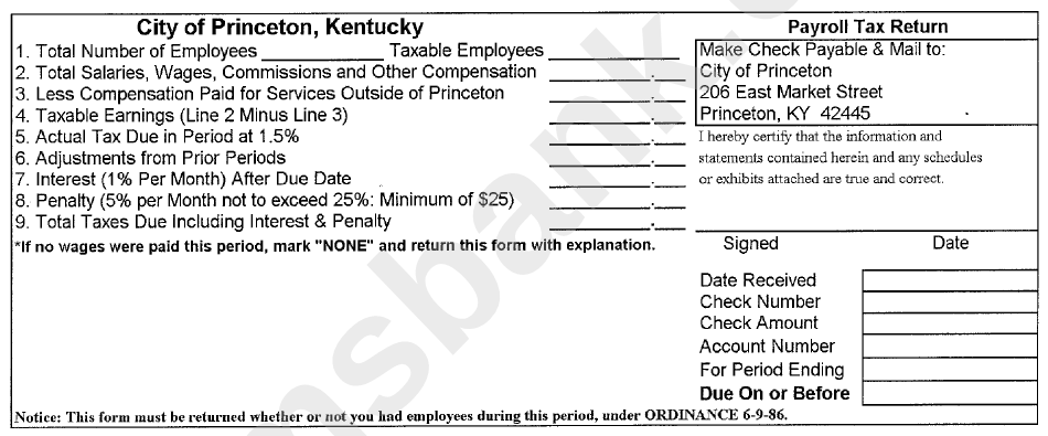Payroll Tax Return Form - City Of Princeton, Kentucky