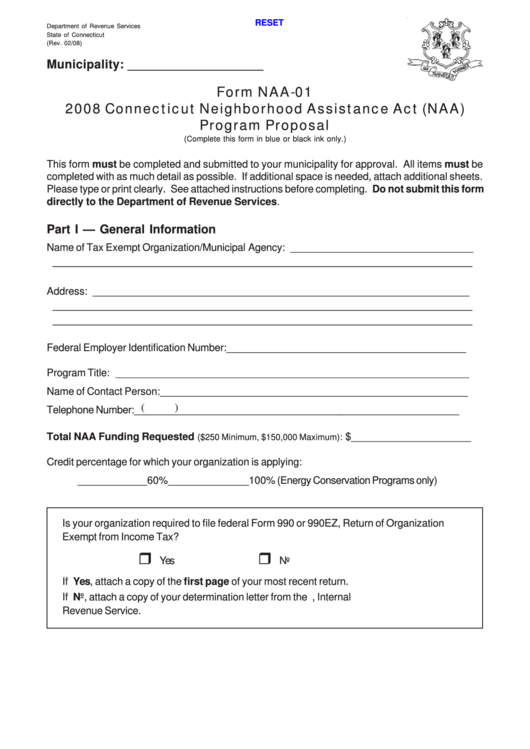 Fillable Form Naa-01 - Connecticut Neighborhood Assistance Act (Naa) Program Proposal - 2008 Printable pdf