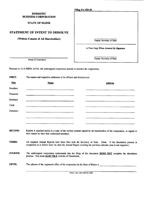 Form Mbca-11 - Statement Of Intent To Dissolve - 2000 printable pdf ...