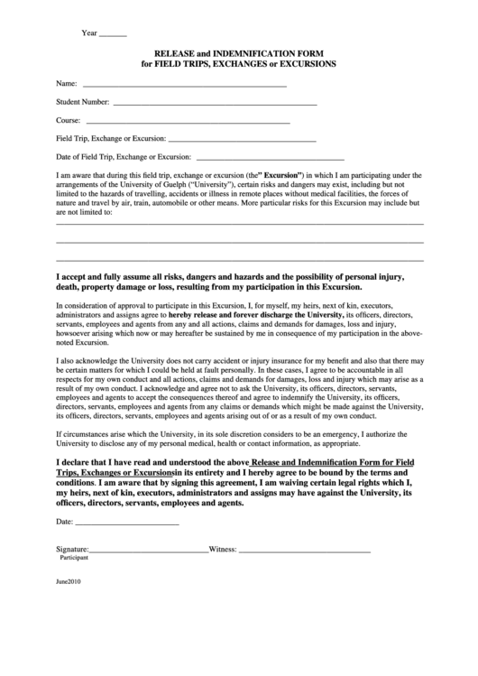 Release And Indemnification Form For Field Trips, Exchanges Or Excursions Printable pdf