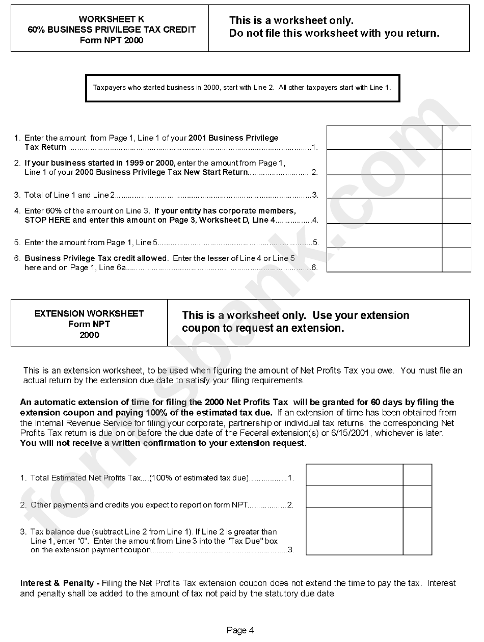 Form Npt, Worksheet K - Business Privilege Tax Credit Form 2000