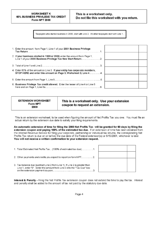 Form Npt, Worksheet K - Business Privilege Tax Credit Form 2000 Printable pdf