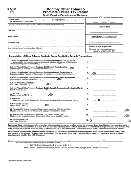 Form B-A-101 - Monthly Other Tobacco Products Excise Tax Return - 2010 Printable pdf