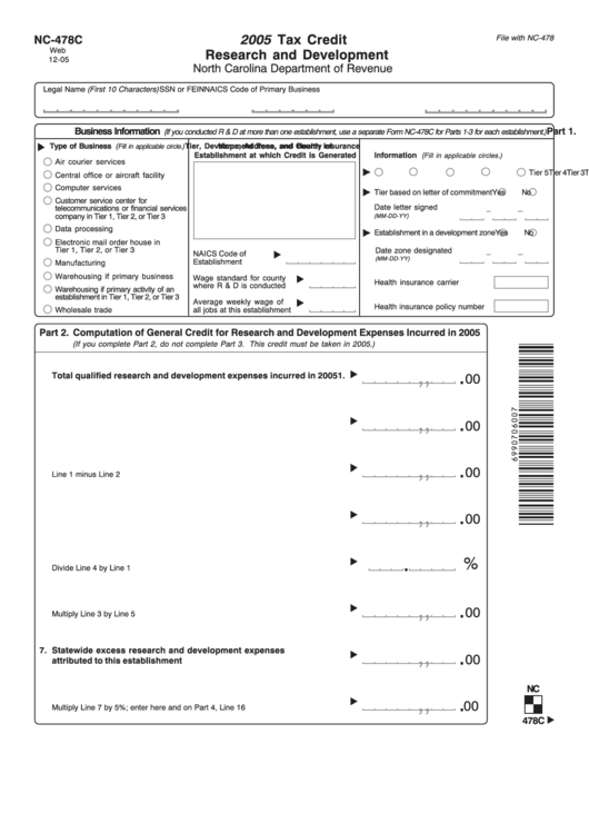 Form Nc-478c - Tax Credit Research And Development - 2005 Printable pdf