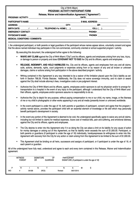 Program / Activity Participant Form - Release, Waiver And Indemnification Agreement ("Agreement") - 2010 Printable pdf