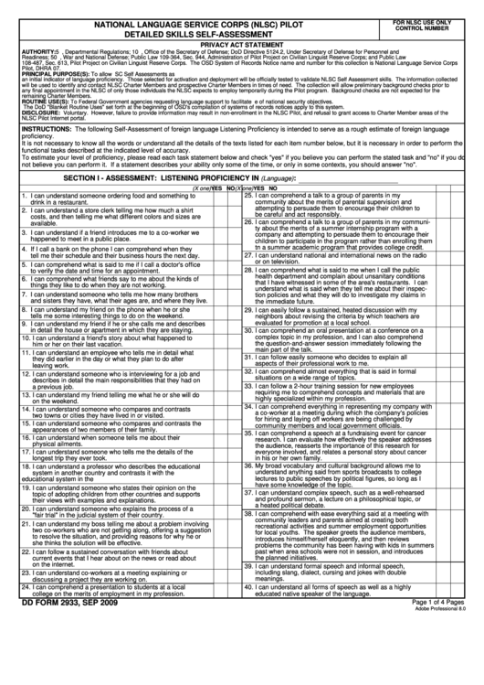 Fillable Dd Form 2933 - National Language Service Corps (Nlsc) Pilot Detailed Skills Self-Assessment - 2009 Printable pdf