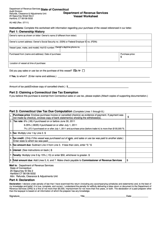 Form Au-462 - Vessel Worksheet printable pdf download