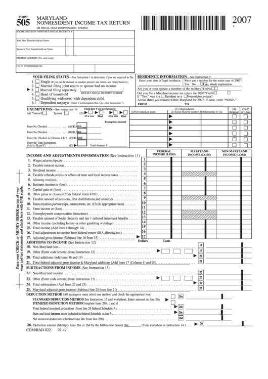 Fillable Form 505 - Maryland Nonresident Income Tax Return - 2007 Printable pdf