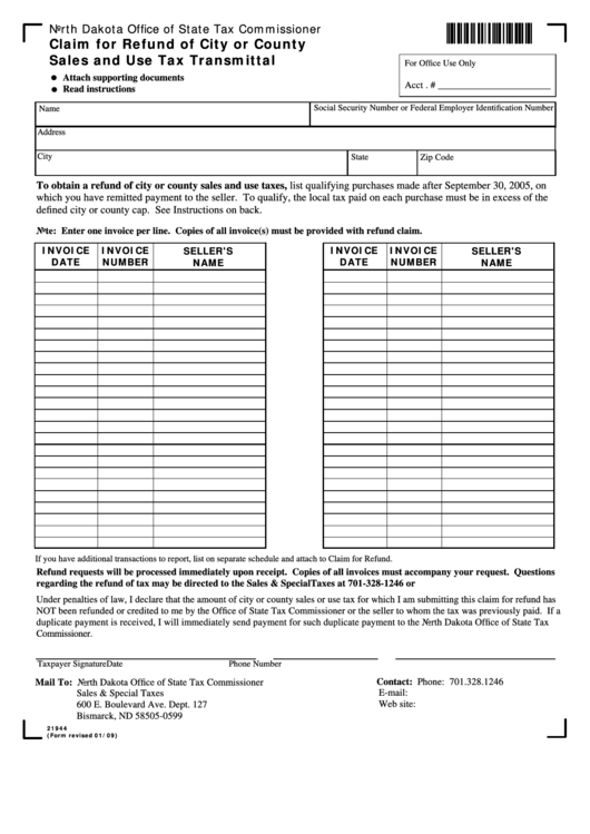 Fillable Form 21944 - Claim For Refund Of City Or County Sales And Use Tax Transmittal - 2009 Printable pdf