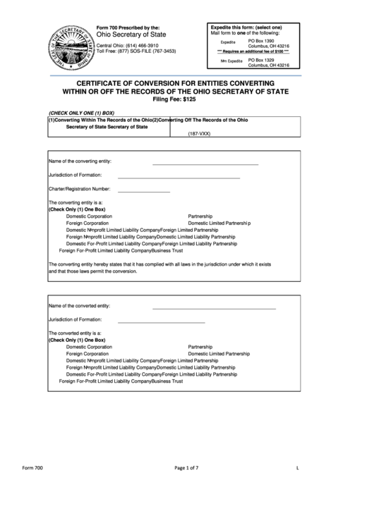 Fillable Form 700 - Certificate Of Conversion For Entities Converting Within Or Off The Records Of The Ohio Secretary Of State 2008 Printable pdf