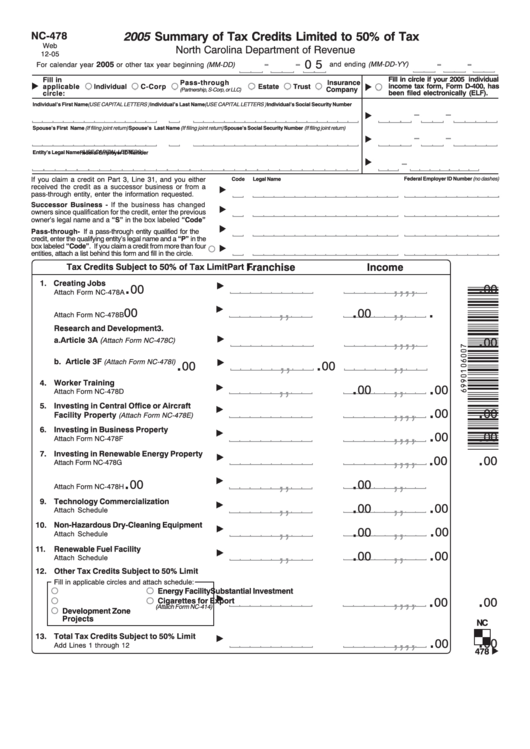 Form Nc-478 - Summary Of Tax Credits Limited To 50% Of Tax - 2005 Printable pdf