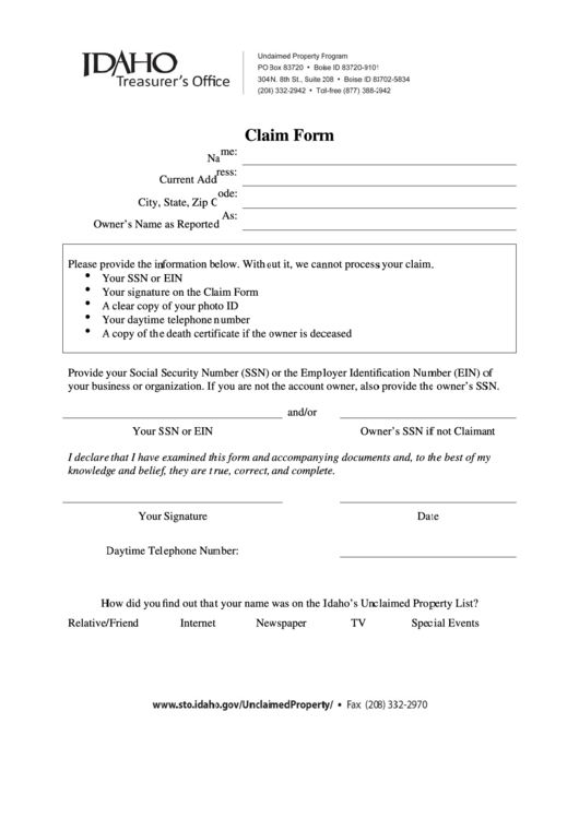 Claim Form - Unclaimed Property Program Printable pdf