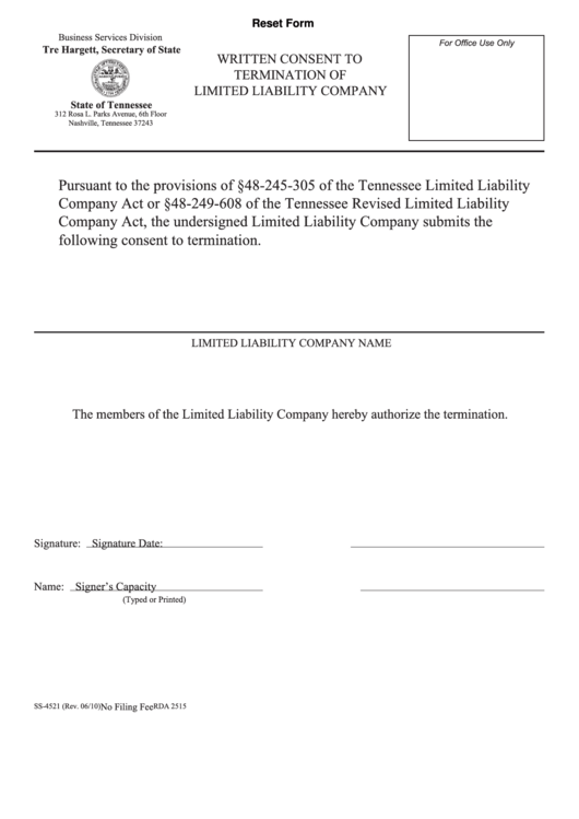 Fillable Form Ss-4521 - Written Consent To Termination Of Limited Liability Company Printable pdf