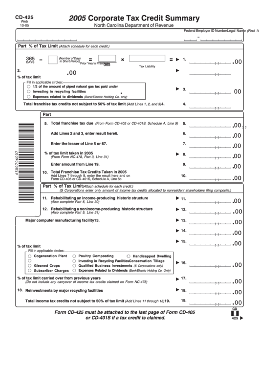 Form Cd-425 - Corporate Tax Credit Summary - 2005 Printable pdf
