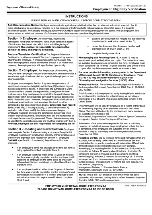 Instructions For Form I-9- Employment Eligibility Verification Printable pdf