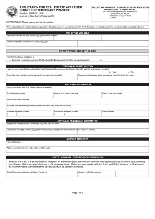 Form 45664 - Application For Real Estate Appraiser Permit For Temporary Practice Printable pdf
