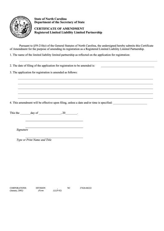 Fillable Form Lllp-02 - Certificate Of Amendment Registered Limited Liability Partnership Printable pdf