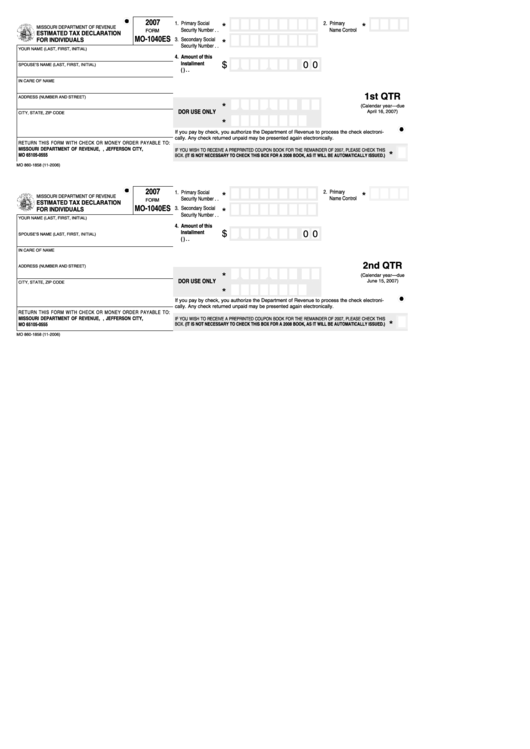 Fillable Form Mo-1040es - Estimated Tax Declaration For Individuals - 2007 Printable pdf