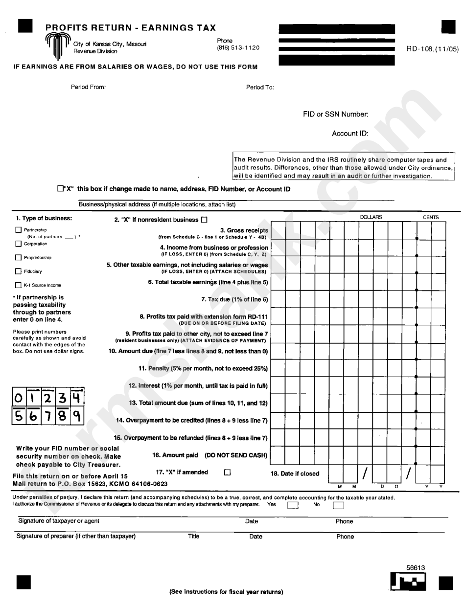 Form Rd 108 Profits Return Earnings Tax Form Kansas City Missouri Printable Pdf Download