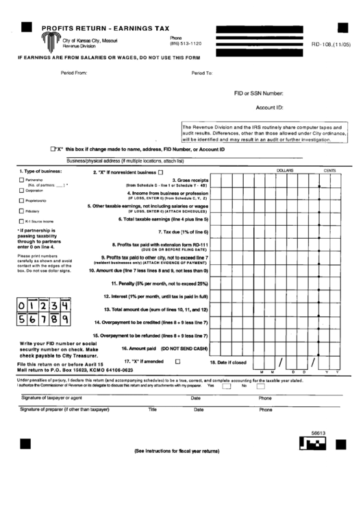 Form Rd-108 - Profits Return - Earnings Tax Form - Kansas City - Missouri Printable pdf