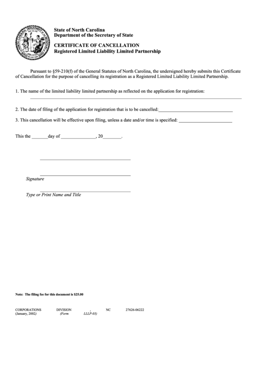 Fillable Form Lllp-03 - Certificate Of Cancellation For Limited Liability Limited Partnership Printable pdf