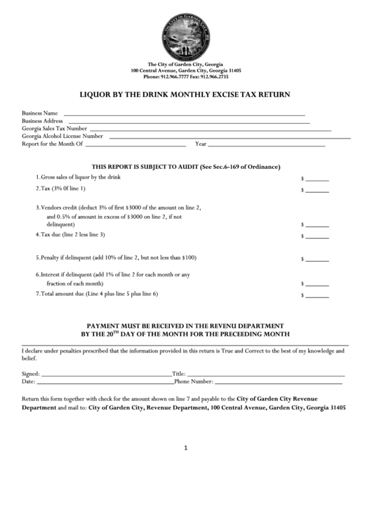 Fillable Liquor By The Drink Monthly Excise Tax Return Form - The City Of Garden City Printable pdf