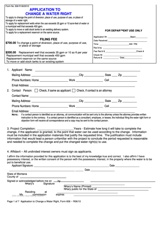 Fillable Form 606 - Application To Change A Water Right Printable pdf
