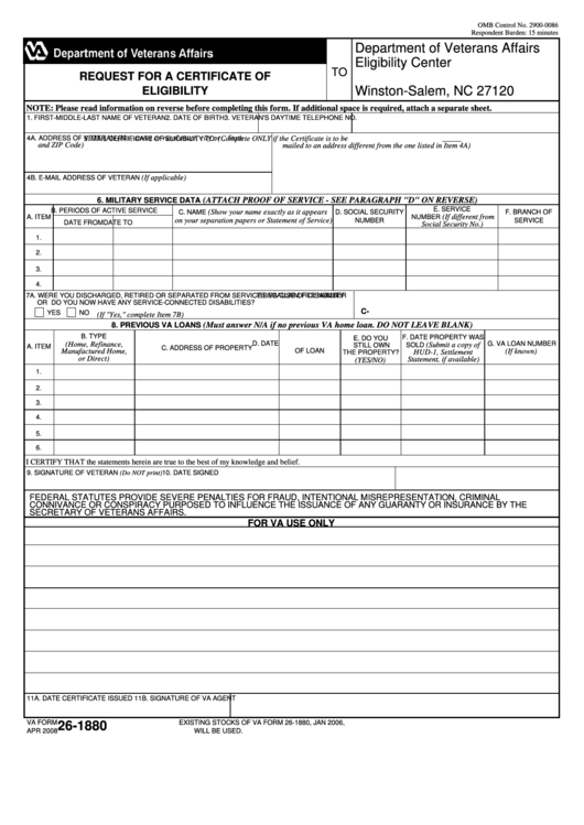 Fillable Va Form 26-1880 - Request For A Certificate Of Eligibility - 2008 Printable pdf