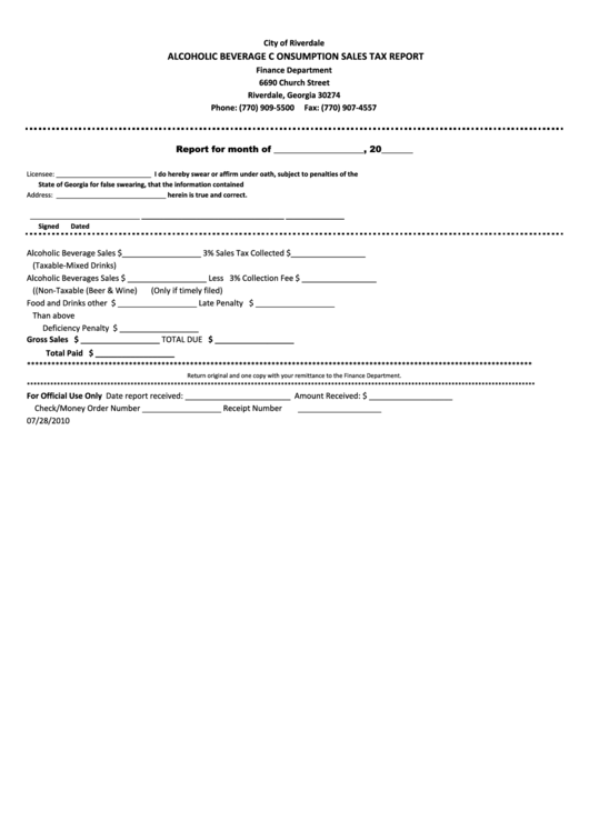 Fillable Alcoholic Beverage C Onsumption Sales Tax Report printable pdf