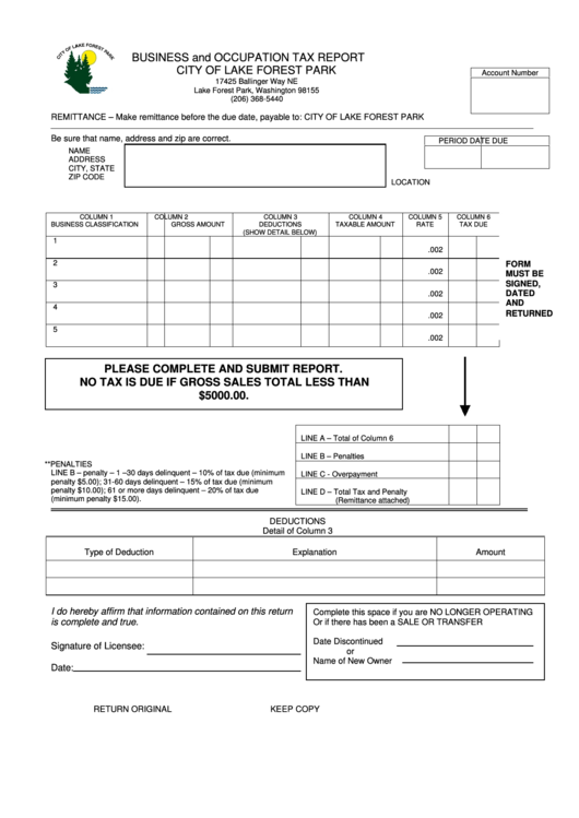 Business And Occupation Tax Report Form Printable pdf