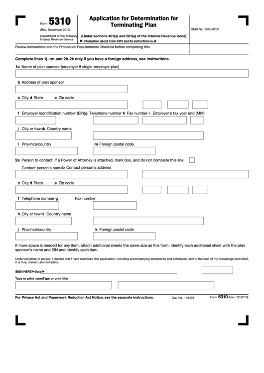 Fillable Form 5310 - Application For Determination For Terminating Plan - 2013 Printable pdf