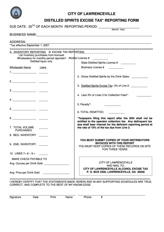 Distilled Spirits Excise Tax Reporting Form Printable Pdf Download 7863