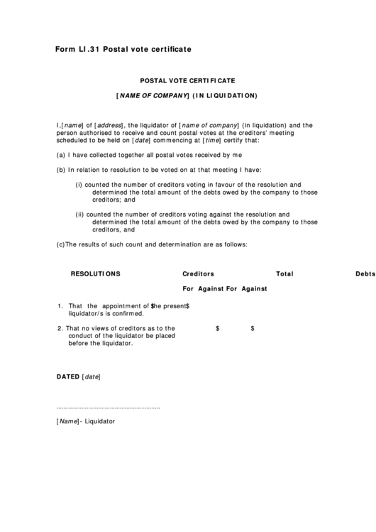 Form Li.31 - Postal Vote Certificate Printable pdf