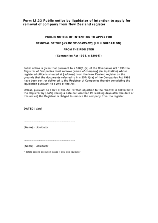 Form Li.33 Public Notice By Liquidator Of Intention To Apply For Removal Of Company From New Zealand Register Printable pdf