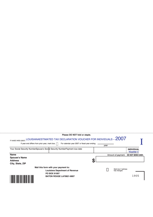 Fillable Form It-540es - Louisiana Estimated Tax Declaration Voucher For Individuals - 2007 Printable pdf