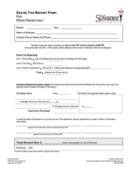 Excise Tax Report Form Printable pdf