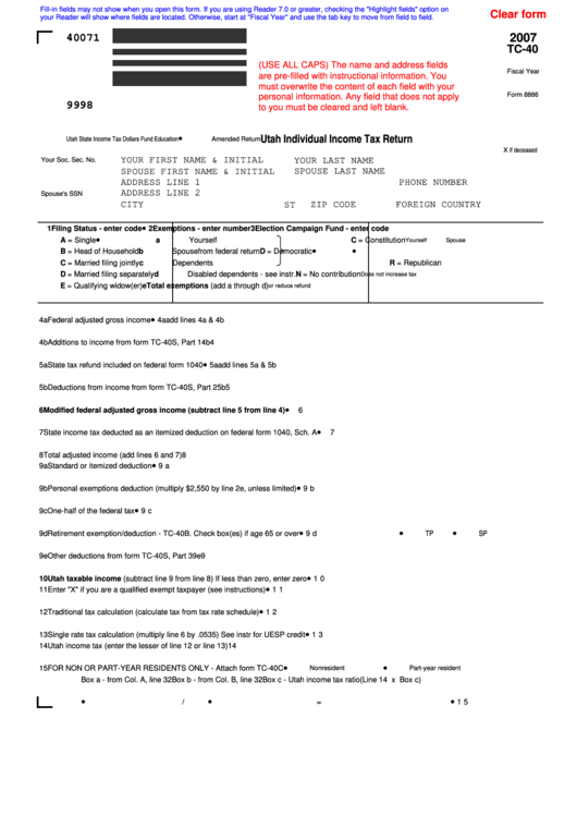 Fillable Form Tc-40 - Utah Individual Income Tax Return - 2007 Printable pdf