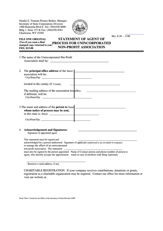 Fillable Form Una-1 - Statement Of Agent Of Process For Unincorporated Non-Profit Association Printable pdf