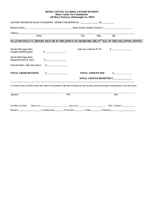 Fillable Henry County Alcohol License Division printable pdf download